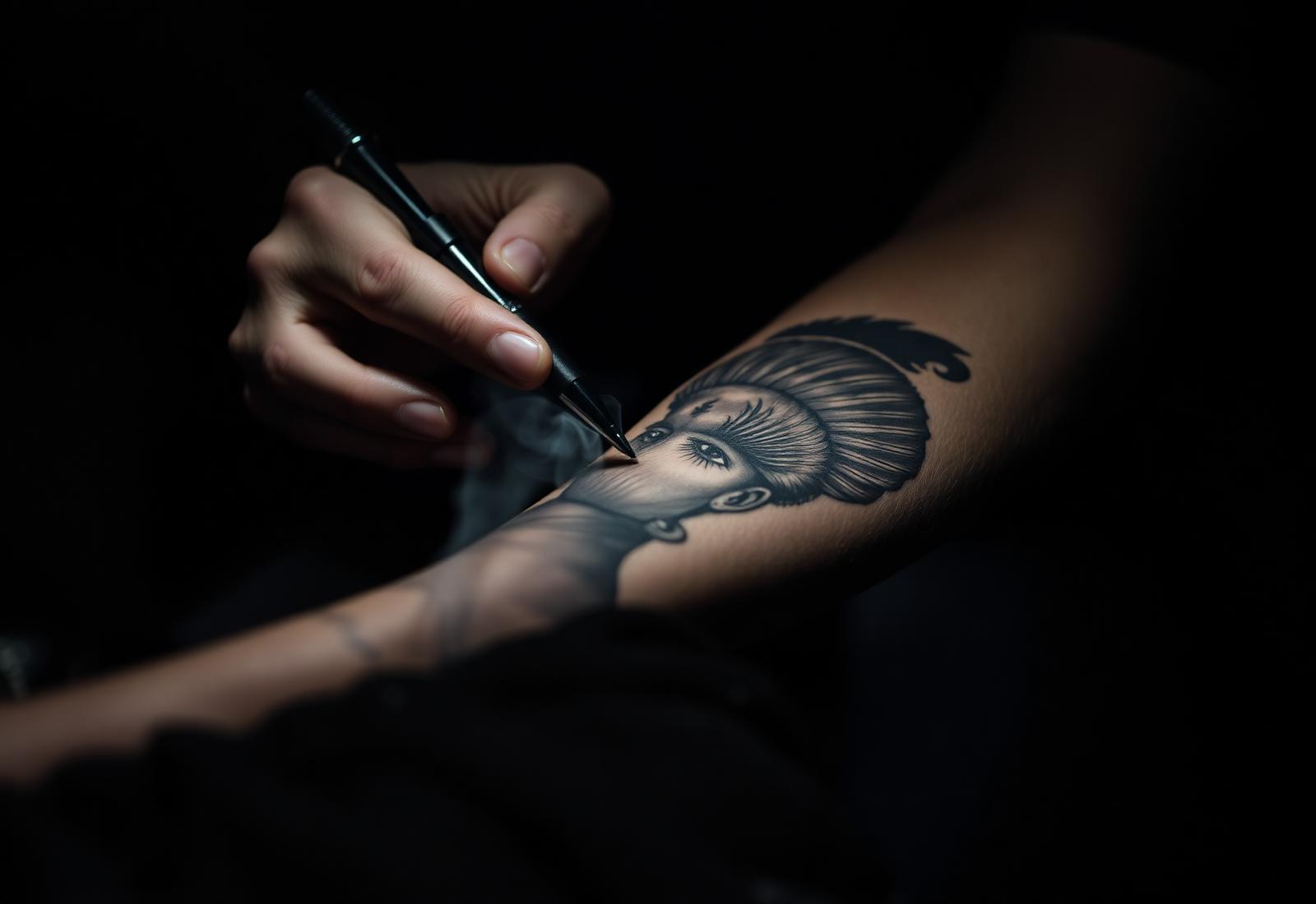 Tatueringsartist arbetar på en detaljerad arm-tatuering